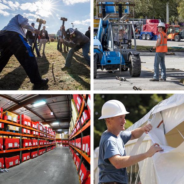 people swinging hammers, driving heavy equipment, storing product and installing tents